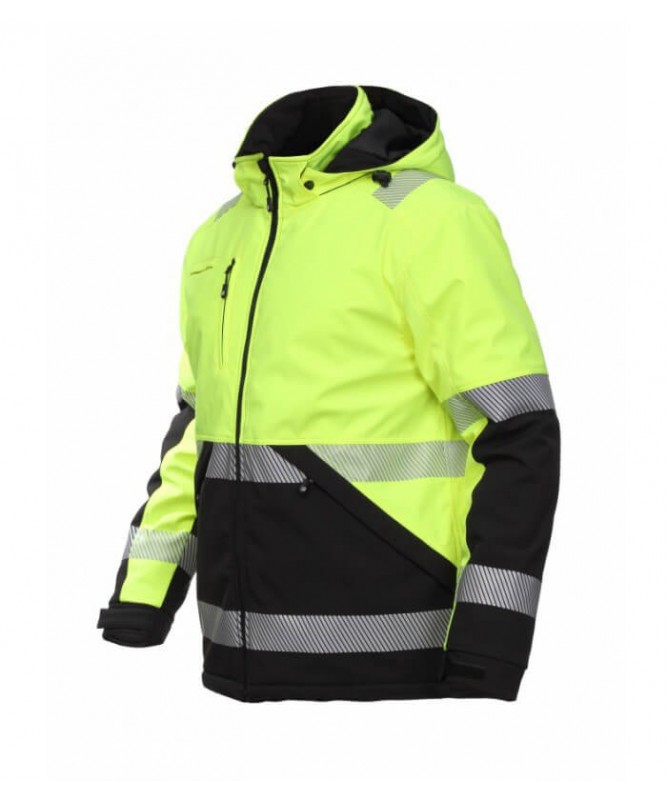 Žieminė šilta softshell ATLANTA HIVIZ darbinė striukė hiviz geltona/juoda su nuimamu gobtuvu.