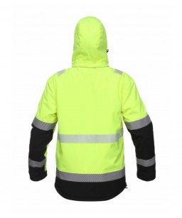 Žieminė šilta softshell ATLANTA HIVIZ darbinė striukė hiviz geltona/juoda su nuimamu gobtuvu.