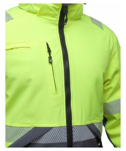 Žieminė šilta softshell ATLANTA HIVIZ darbo striukė hiviz geltona/t.pilka su nuimamu gobtuvu.