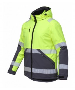 Žieminė šilta softshell ATLANTA HIVIZ darbo striukė hiviz geltona/t.pilka su nuimamu gobtuvu.