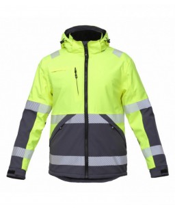 Žieminė šilta softshell ATLANTA HIVIZ darbo striukė hiviz geltona/t.pilka su nuimamu gobtuvu.