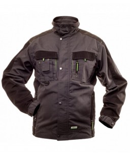 Mūsdienīga dizaina jaka ar zaļām detaļām no auduma Canvas, kas ir īpaši izturīgs un nodilumizturīgs audums ar vienkāršu pinumu.