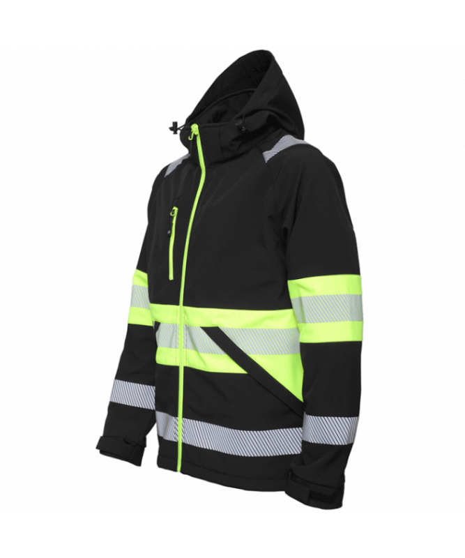 Softshell striukė su gobtuvu, juoda + gerai matomos Hi-Viz linijos, mikrofliso pamušalas, aukšta apykakle Softshell striukė su gobtuvu, juoda + gerai matomos Hi-Viz linijos, mikrofliso pamušalas, aukšta apykakle