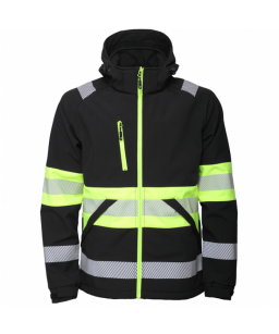 Softshell striukė su gobtuvu, juoda + gerai matomos Hi-Viz linijos, mikrofliso pamušalas, aukšta apykakle