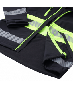 Softshell striukė su gobtuvu, juoda + gerai matomos Hi-Viz linijos, mikrofliso pamušalas, aukšta apykakle