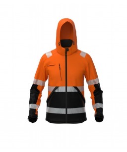 Softshell jaka ar kapuci, augstas redzamības Hi- Viz orandža, mikroflīsa iekšodere, augstā apkakle