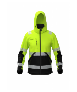 Softshell jaka ar kapuci, augstas redzamības Hi- Viz, mikroflīsa iekšodere, augstā apkakle