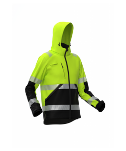 Softshell jaka ar kapuci, augstas redzamības Hi- Viz, mikroflīsa iekšodere, augstā apkakle