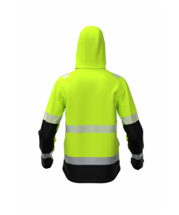 Softshell jaka ar kapuci, augstas redzamības Hi- Viz, mikroflīsa iekšodere, augstā apkakle